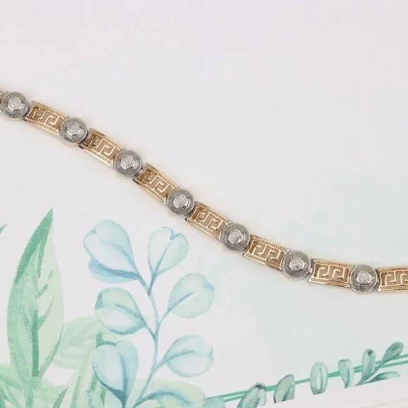 "Greek Key Rose Gold Bracelet with Silver Disc Accents, XPBL0792 - Picture 4 of 12